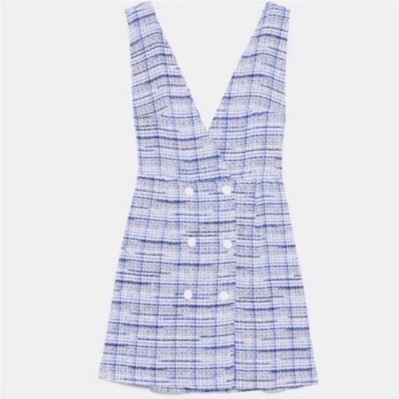 NWT ZARA Doublebreasted Blue Tweed Pinafore Playsuit Dress - Picture 2 of 15